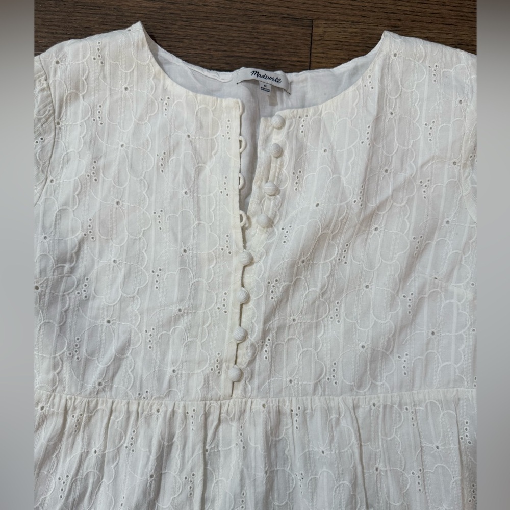 Madewell Embroidered Eyelet Button-Front Tiered Mini Dress-Size Medium - Picture 6 of 13